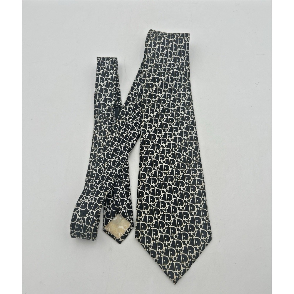 Vintage Christian Dior Tie Men Black 100% Silk Oblique Trotter Monogram Allover